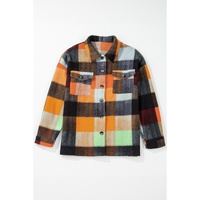 Orange Plaid Print Flap Pocket Long Jacket - S thumbnail
