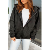 Black Quilted Side Pockets Zipper Hooded Jacket - M thumbnail