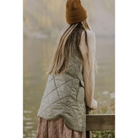 Grass Green Quilted Long Vest Jacket with Pockets - S thumbnail