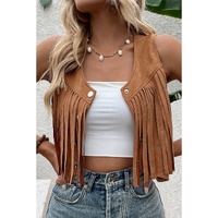 Camel Fringed Snap Button Front Suedette Vest - L thumbnail