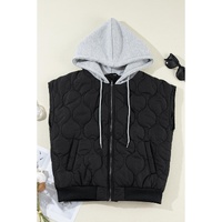 Black Quilted Drawstring Hooded Zip Up Puffer Vest - M thumbnail