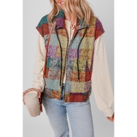 Multicolor Plaid Print Side Pockets Zipped Loose Vest - L thumbnail