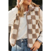 Khaki Checkered Sherpa Collared Jacket Vest - XL thumbnail