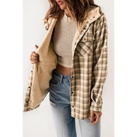 Khaki Plaid Pattern Sherpa Lined Hooded Shacket - M thumbnail