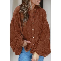 Coffee Textured Corduroy Puff Sleeve Shacket - S thumbnail
