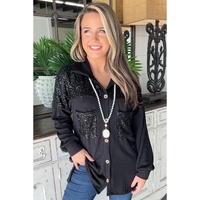 Black Sequin Patch Chest Pocket Corded Shacket - L thumbnail