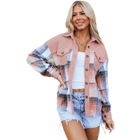 Light Pink Plaid Corduroy Patchwork Chest Pocket Shacket - L thumbnail