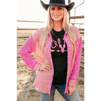Apricot Pink Mineral Wash Sequin Patchwork Flap Pocket Shacket - XL thumbnail