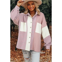 Pink Houndstooth Color Contrast Textured Patchwork Loose Shacket - 2XL thumbnail
