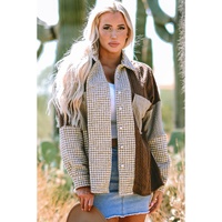 Khaki Houndstooth Color Contrast Textured Patchwork Loose Shacket - L thumbnail
