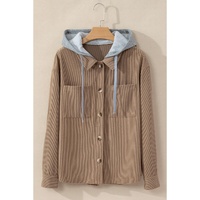 Pale Khaki Hooded Drawstring Pockets Corduroy Shacket - S thumbnail