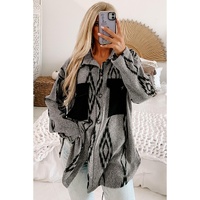 Gray Aztec Contrast Chest Pockets Loose Shacket - L thumbnail