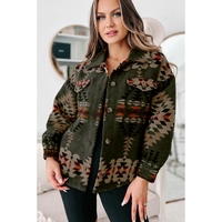 Green Aztec Print Flap Pockets Long Sleeve Shacket - XL thumbnail