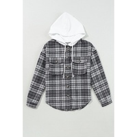Black Plaid Print Flap Pockets Contrast Hooded Loose Shacket - L thumbnail