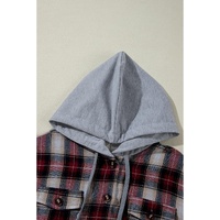 Red Plaid Print Chest Pocket Buttoned Hooded Shacket - M thumbnail