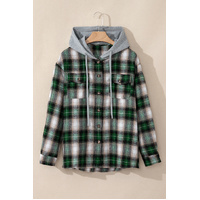 Green Plaid Print Chest Pocket Buttoned Hooded Shacket - L thumbnail