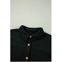 Black Waffle Knit Patchwork Buttoned Oversized Shacket - L thumbnail