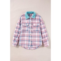 Pink Plaid Print Color Block Collared Flap Pockets Loose Shacket - M thumbnail