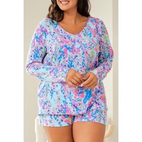 Sky Blue Plus Size Floral Print Long Sleeve and Shorts Lounge Outfit - 2X thumbnail