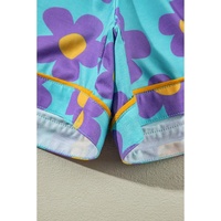 Sky Blue Cute Flower Print Contrast Trim Plus Size Short PJ Set - 1X thumbnail