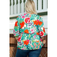 Multicolor Floral Tie Split Neck Plus Size Peplum Blouse - 2X thumbnail