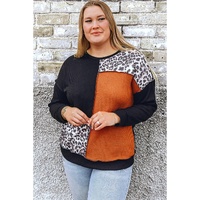 Black Orange Colorblock Leopard Patchwork Waffle Knit Plus Size Top - 1X thumbnail