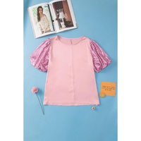 Pink Contrast Sequin Bubble Sleeve Plus Size T-shirt - 1X thumbnail