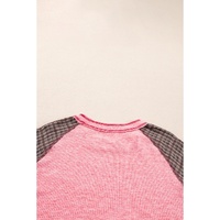 Pink Checkered Paisley Patchwork Raglan Sleeve Seamed Plus Size Top - 1X thumbnail