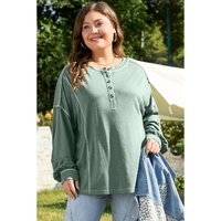 Seagrass Plus Size Exposed Seam Drop Shoulder Henley Top - 1X thumbnail