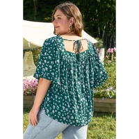 Green Floral Print Square Neck Ruffled Trim Plus Size Blouse - 2X thumbnail
