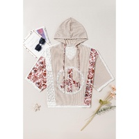 Khaki V Neck Floral Peace Sign Graphic Lace Patch Ribbed Plus Size Hooded Top - 1X thumbnail