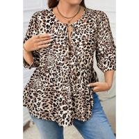 Khaki Leopard Print Lace-up Ruffled 3/4 Sleeve Plus Size Blouse - 1X thumbnail