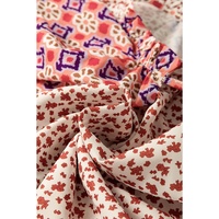 Orange Floral Geometric Patchwork Lace-up Crewneck Plus Size Blouse - 1X thumbnail
