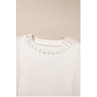 Beige Pearl Decor Crew Neck Half Sleeve Plus Size T Shirt - 3X thumbnail