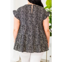 Black Leopard Print Ruffled Short Sleeve Keyhole Back Tiered Flowy Plus Size Blouse - 1X thumbnail