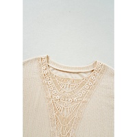 Beige Lace Crochet Patched Cable Textured Cuffed Short Sleeve Plus Size Top - 2X thumbnail