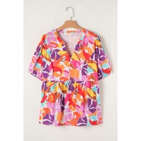 Pink Plus Size Floral Print V Neck Fit and Flare Blouse - 2X thumbnail