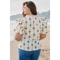 Apricot Bow Printed Ruffled Bubble Sleeve Lace-up Notched Neck Plus Size Blouse - 1X thumbnail