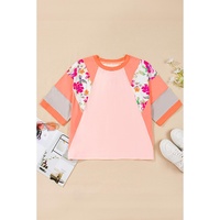 Orange Plus Size Floral Print Patchwork Raglan Half Sleeve Top - 1X thumbnail