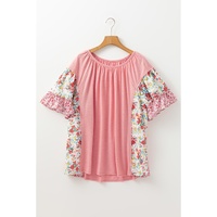 Pink Plus Size Floral Patchwork Ruffled Short Sleeve Blouse - 1X thumbnail