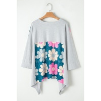 Green Plus Size Flower Patchwork Exposed Seam High Low Top - 1X thumbnail