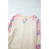Apricot Plus Size Floral Patchwork Ribbed Puff Sleeve Top - 1X thumbnail