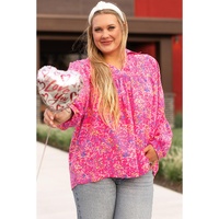 Purple Plus Size Floral Print Puff Sleeve V Neck Blouse - 1X thumbnail