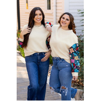 White Floral Patchwork Sleeve Textured Plus Size Pullover Top - 1X thumbnail