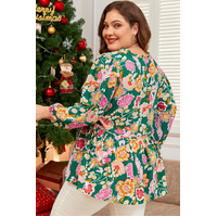 Green Floral Tied V Neck Long Sleeve Plus Size Babydoll Top - 1X thumbnail