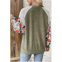 Vineyard Green Plus Size Textured Floral Patchwork Raglan Sleeve Blouse - 1X thumbnail
