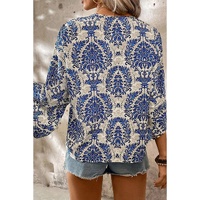 Blue Plus Size Ethnic Printed 3/4 Sleeve V Neck Loose Blouse - 2X thumbnail
