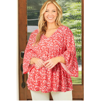 Red Plus Size Floral V Neck Flared Bracelet Sleeve Blouse - 1X thumbnail