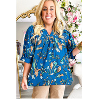 Blue Floral Notched V Neck Half Sleeve Plus Size Blouse - 1X thumbnail