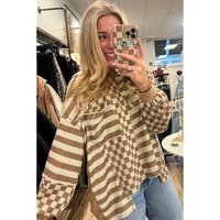 Khaki Striped Checkered Mixed Print Chest Pocket Casual Plus Size Top - 1X thumbnail